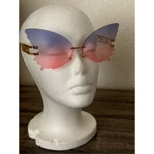 Blue Pink Rimless Butterfly Sunglasses Funky Ombré Vintage